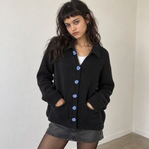UNIF Womens Cardigan Small Black Floral Button Collared Knit Grunge Indie 90s